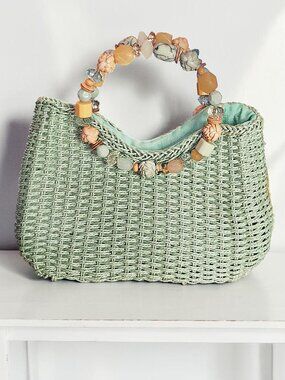 Cappelli Straworld Seafoam Green Straw Woven Handbag Beaded Handle Tote Purse